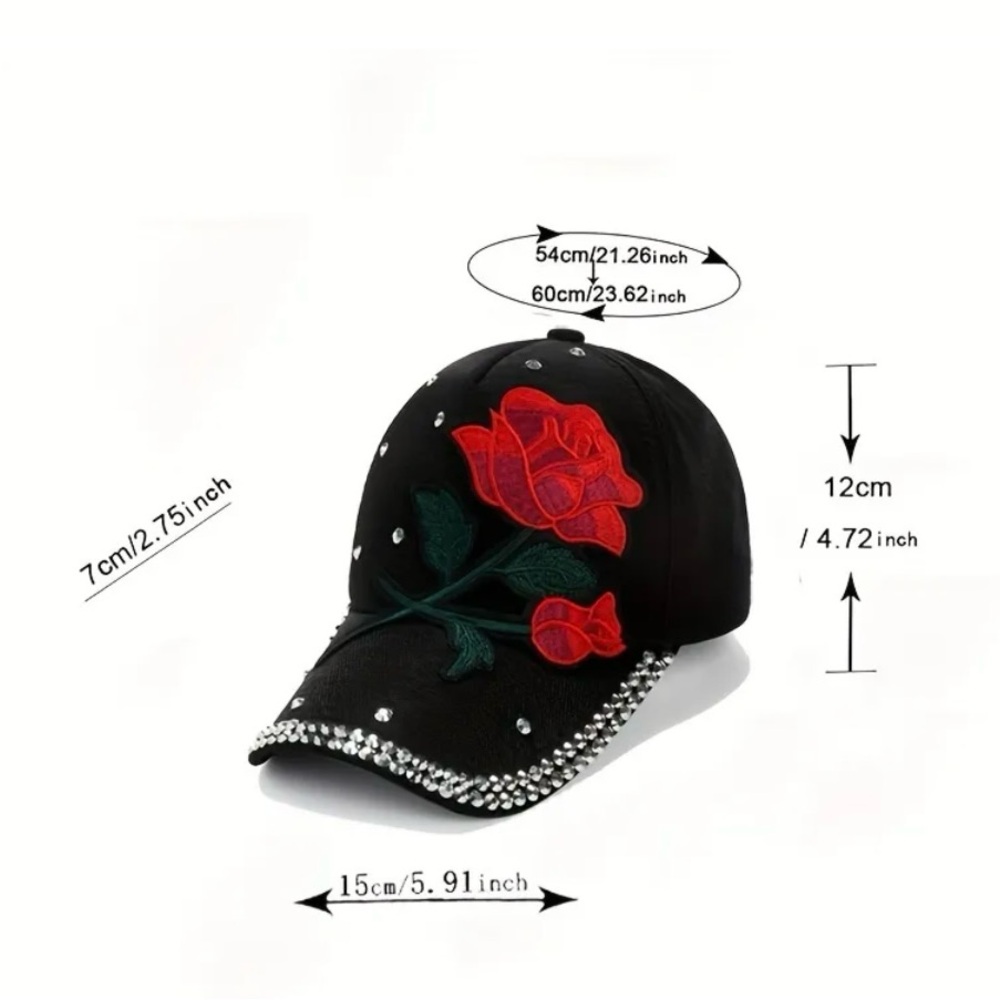 Red Flower Rhinestone Black Baseball Cap - Picture 6 of 7